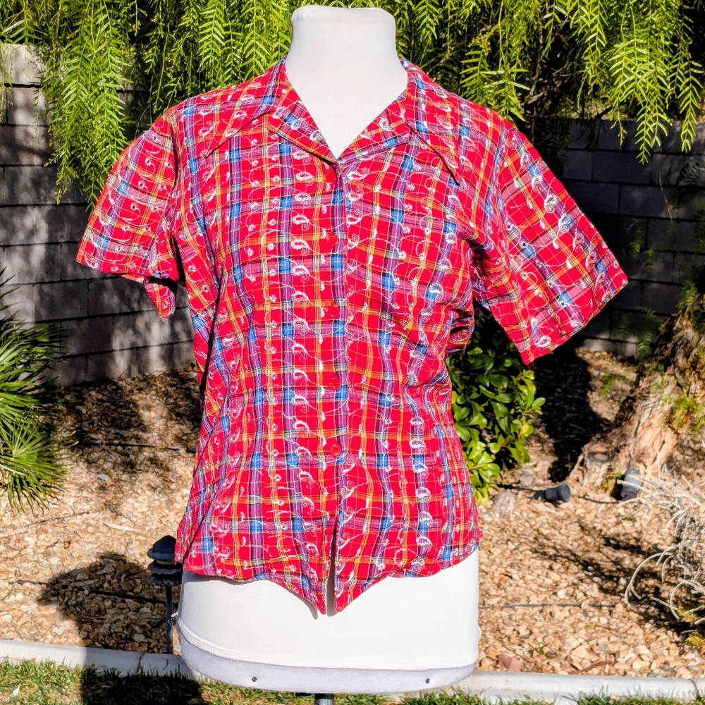 VTG Women's Medium Floral Embroidered Check Tartan Pattern Button-Down Shirt EUC